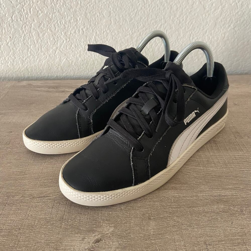 Puma Womens Smash Black White Leather Low Top Lace Up Sneaker Shoes 8